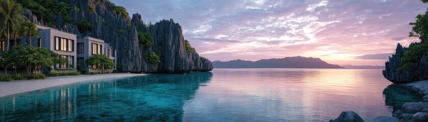 Naklejka premium Secret resort concept. Serene sunset view over tranquil waters and modern architecture.