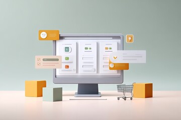 A high-tech workspace layout showing a computer screen with an e-commerce dashboard surrounded by animated digital elements such