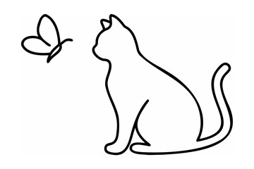 Black outline cat watching butterfly white