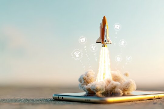 A miniature space shuttle launches from a foldable smartphone leaving trails of binary code and floating communication symbols - Powered by Adobe