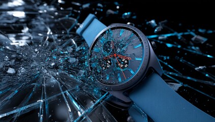 Shattered digital watch face shown in an athletic environment, symbolizing damage under pressure.