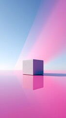 A cube reflecting on a mirrored surface in the sunshine.