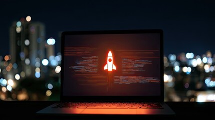 A nighttime scene with city lights flickering in the background a sleek laptop screen projects an orange-red launchpad