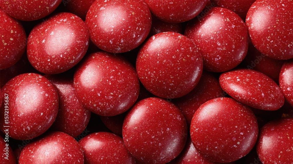 Poster a collection of shiny round candies in bright red color lies compactly, highlighting their smooth su