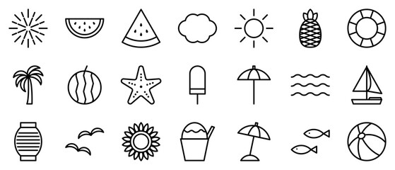 夏　アイコン　セット　線画　ベクター　セット