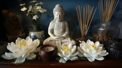 White Lotus Day, Buddha altar with white lotus flowers and incense sticks
