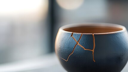 Cracked Dark Blue Ceramic Bowl Close Up Detail Shot Broken Pottery Texture