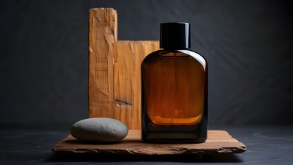 a brown bottle of perfume sitting on a wooden surface with rock.