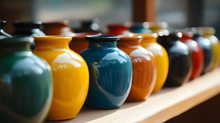 Colorful glossy ceramic vases arranged on a wooden shelf Home decor vibrant pottery