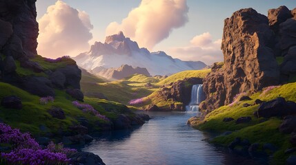 Serene Mountain Waterfall Landscape Majestic Peaks and Purple Flowers