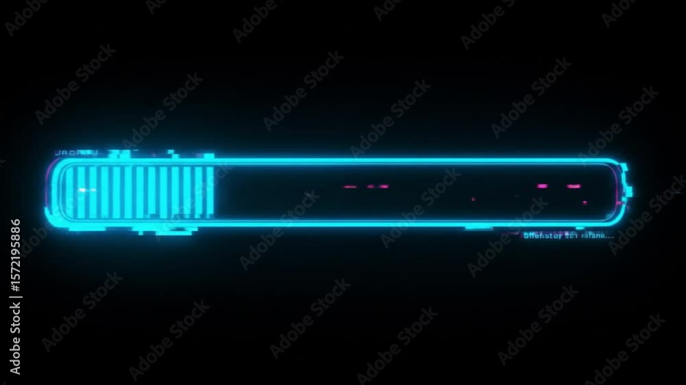 Poster a glowing blue loading bar with glitch effects on a black background indicating progress completion 