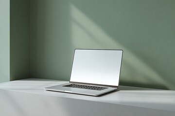 A sleek laptop placed on a matte white surface against a muted sage green wall showing a minimalistic