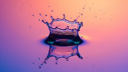 close-up of water droplet with pink and blue hues.