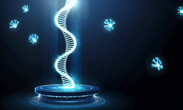 Abstract blue digital DNA and futuristic hologram on a dark background for technology, science, or medical concept design 