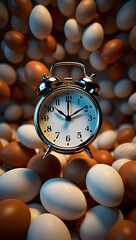 an alarm clock surrounded by eggs.