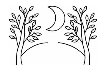 Crescent moon above stylized trees night