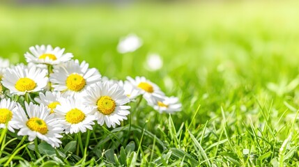 A park with a field of daisies, a product rising subtly from the flowers, fresh and clean with copy space on the left.
