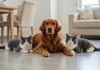 Golden Retriever, British Shorthair Cats Relaxing in a Cozy Home