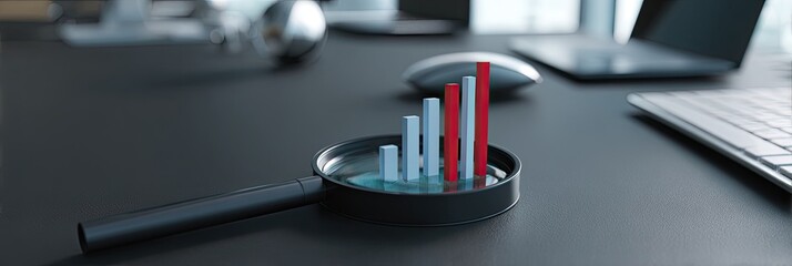 A stylized overhead shot of a magnifying glass focusing on a data matrix with columns of figures and