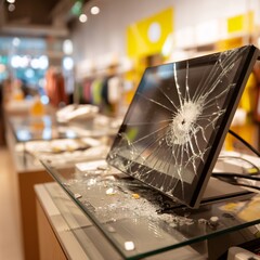 Broken point of sale screen in a retail environment, showing signs of a mishap during business.