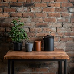 Rustic Kitchen Still Life Coffee Pot Mugs and Plant on Wooden Table