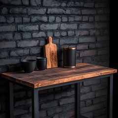 Rustic Dark Wood Tabletop with Black Bowls Cutting Board and Container Against a Black Brick Wall