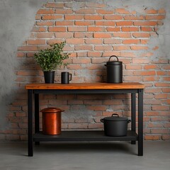 Rustic Kitchen Still Life Black Cookware on Wooden Table Against Exposed Brick Wall