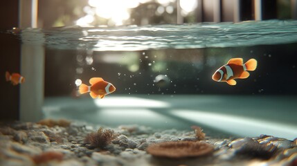 Two Orange Clownfish Swim in a Calm Aquarium Tank Relaxing Underwater Scene with Rocks and Plants
