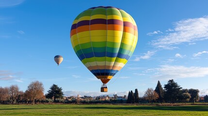 Obraz premium A park with a distant hot air balloon, a product in sharp focus below, adventurous vibe and copy space above.