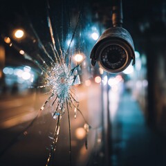 Shattered lens of a security camera monitoring a dark alley, reflecting a failure in surveillance.