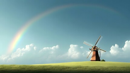 Scenic View of a Windmill in a Green Field under a Rainbow Sky