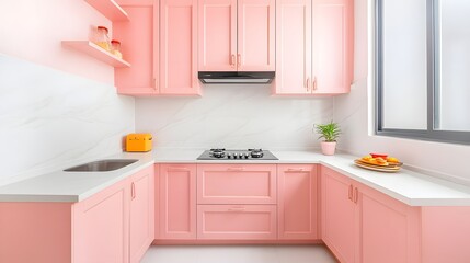 Modern Pink Kitchen Interior Design with White Countertops and Gas Stove