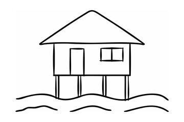 Simple house on stilts over water waves drawing