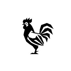A rooster illustrated in an abstract, geometric style using bold black-and-white lines for a modern look.