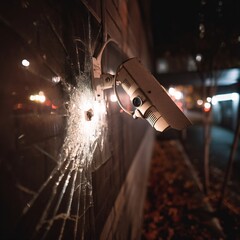 Security camera lens shattered, showing the breakdown of monitoring systems in a dark alley.