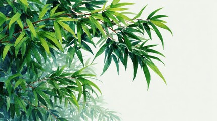 Naklejka premium Vibrant green bamboo leaves gently sway against a soft, blurred background. This natural display captures the essence of peace and tranquility in a calming environment.