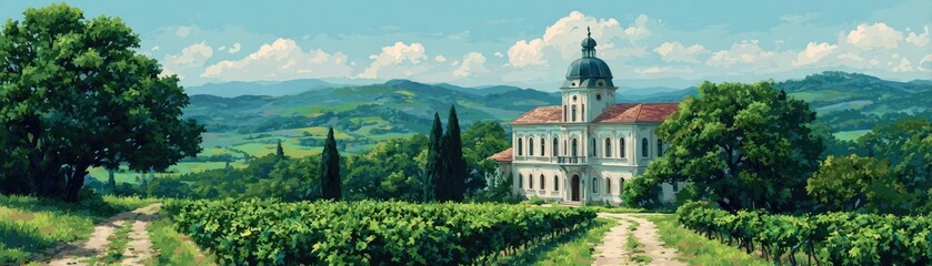 Secret resort concept. Charming vineyard landscape with historic architecture and hills.