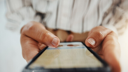 Screen, hands and businesswoman in office with phone for message, copywriting and email. Closeup,...