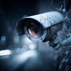 Shattered camera lens overlooking a dark alley, symbolizing the failure of surveillance systems.