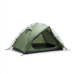 Olive green camping tent, open door, isolated on white background.