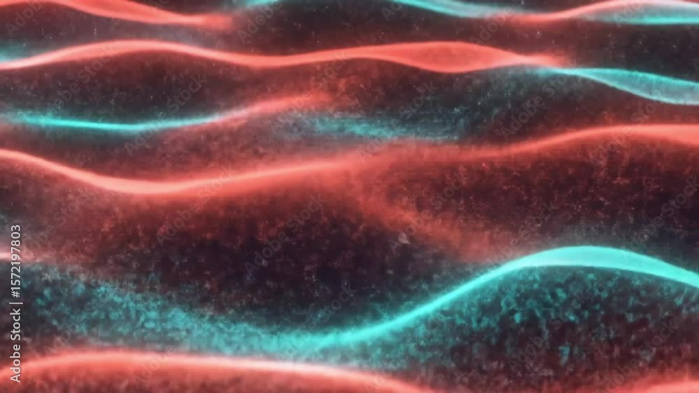 Aufkleber abstract wavy surface with red and blue glowing lines and floating particles in a dark environment