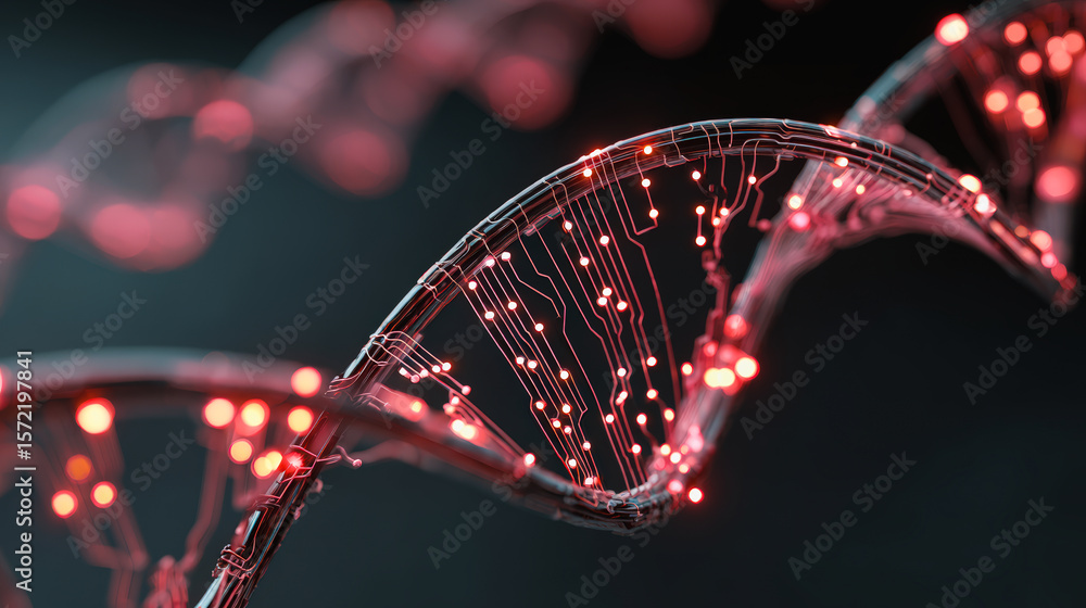 Poster a close-up digital illustration of a glowing dna double helix strand with interconnected nodes and c