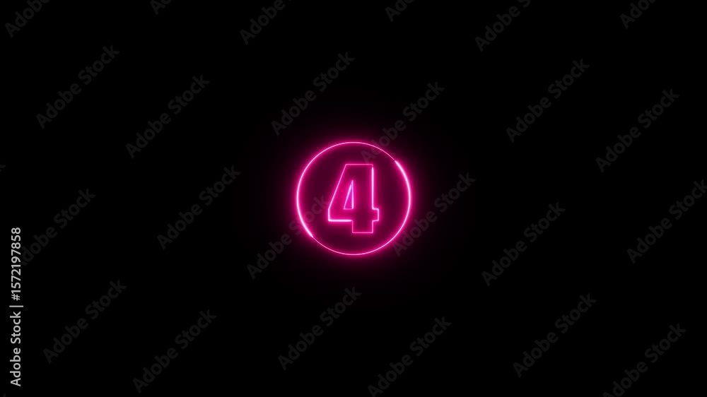 Poster glowing neon circle and number 4 animation on a black background. abstract glowing neon number 