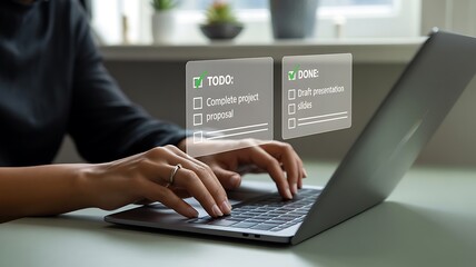 Woman typing on laptop checking off completed tasks on a digital to do list