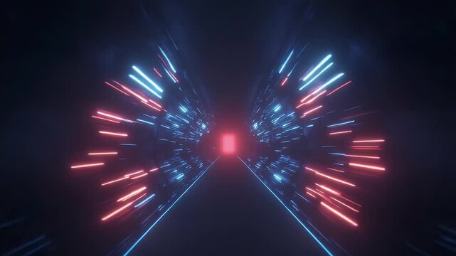 Abstract light-speed tunnel background with blue and red rays of energy for futuristic motion graphics or video animation