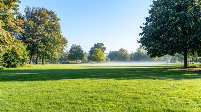 A park with a soft morning mist, a product emerging clearly, ethereal vibe with copy space above.