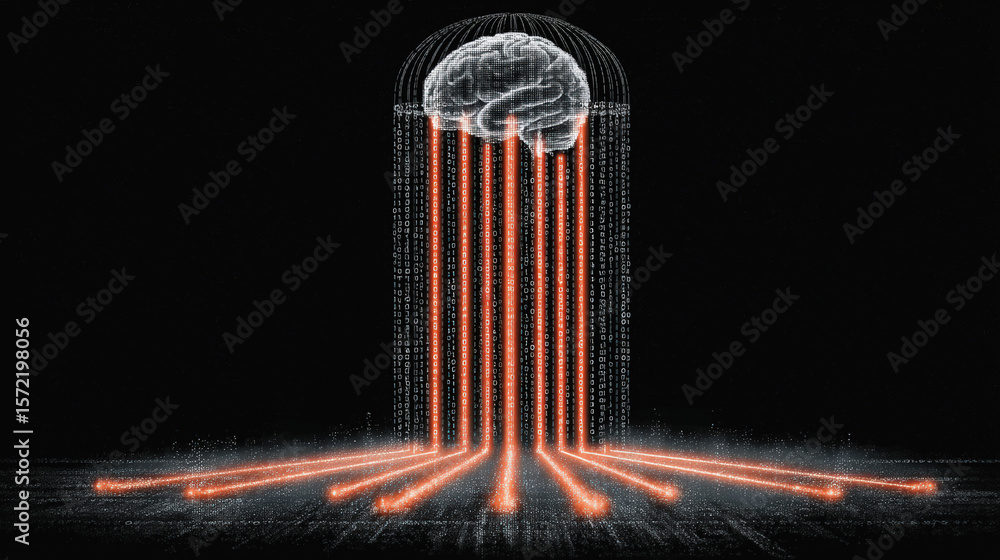 Poster a digital brain emits glowing red data streams downward into a grid, symbolizing artificial intellig