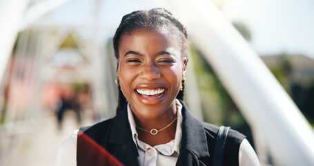 Portrait, laugh and black woman in city for business, urban planner and confidence for career....