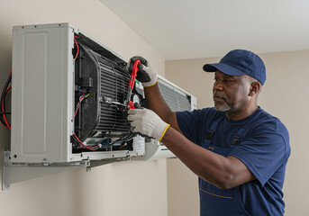 Man repairing air conditioner unit with pliers wearing gloves and a blue cap indoors on a wall