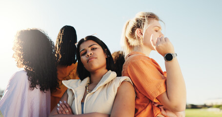 Women, friends and confidence with fashion in nature for social, diversity or style together....